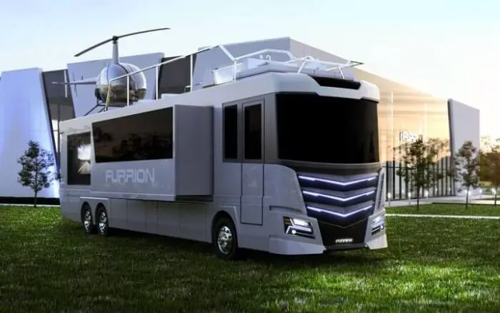 Furrion Elysium camping car de luxe garage helicopter